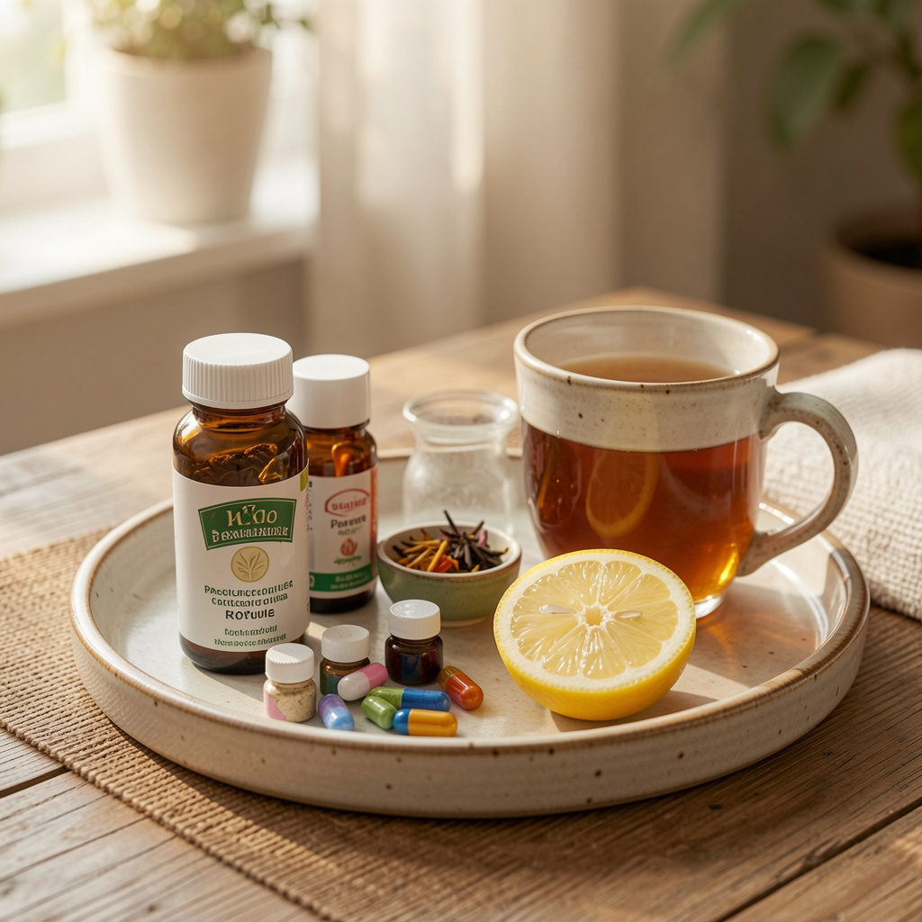 Peaceful morning routine with supplements and herbal tea